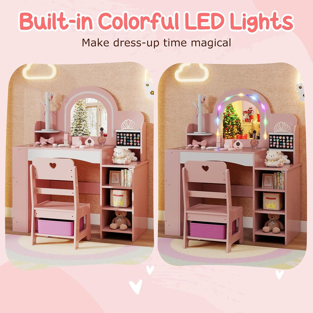 HONEY JOY Kids Vanity, Wooden Girls Vanity Set with Lighted Mirror & Open Bookshelf, Ring Slot & Jewelry Storage, Toddler Makeup Vanity Desk Dressing Table, Kids Vanity Table and Chair Set (Pink)