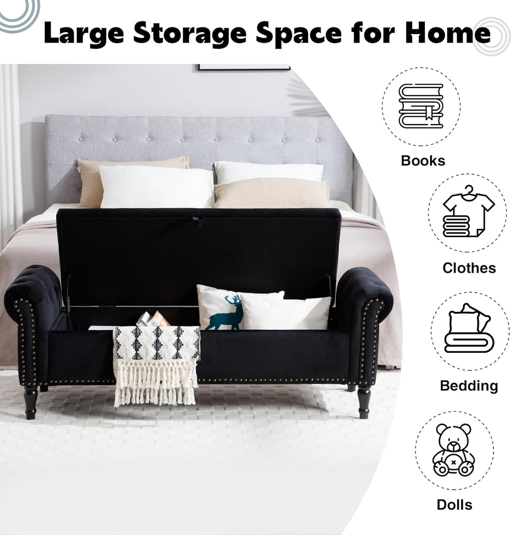 67'' Storage Bench for Bedroom End of Bed, Storage Bench for King Size Bed, Upholstered Tufted Storage Ottoman Benches with Arms for Living Room Entryway,Velvet Black