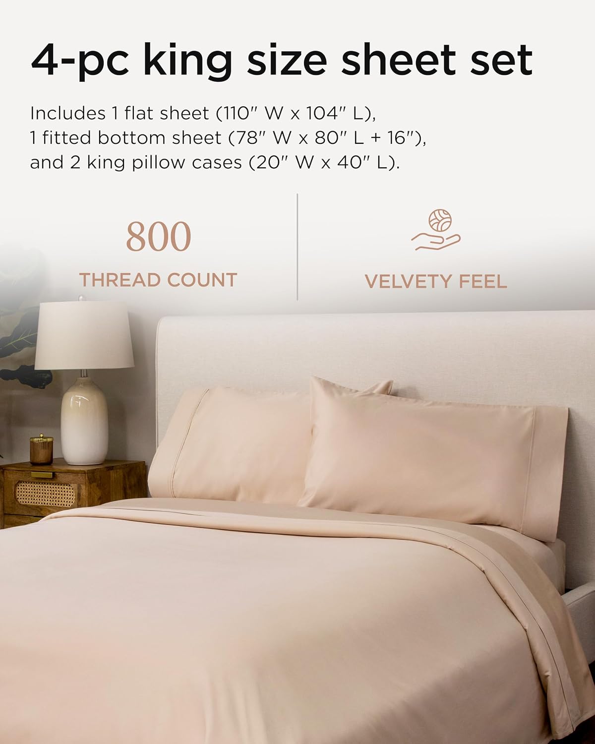 Threadmill Luxury 800 Thread Count King 100% Cotton Sheets - Light Beige Sateen Weave Bed-Sheets, Better Than Egyptian Cotton,4 Pc Solid Soft Bedding Set, Fits 16' Deep Pocket