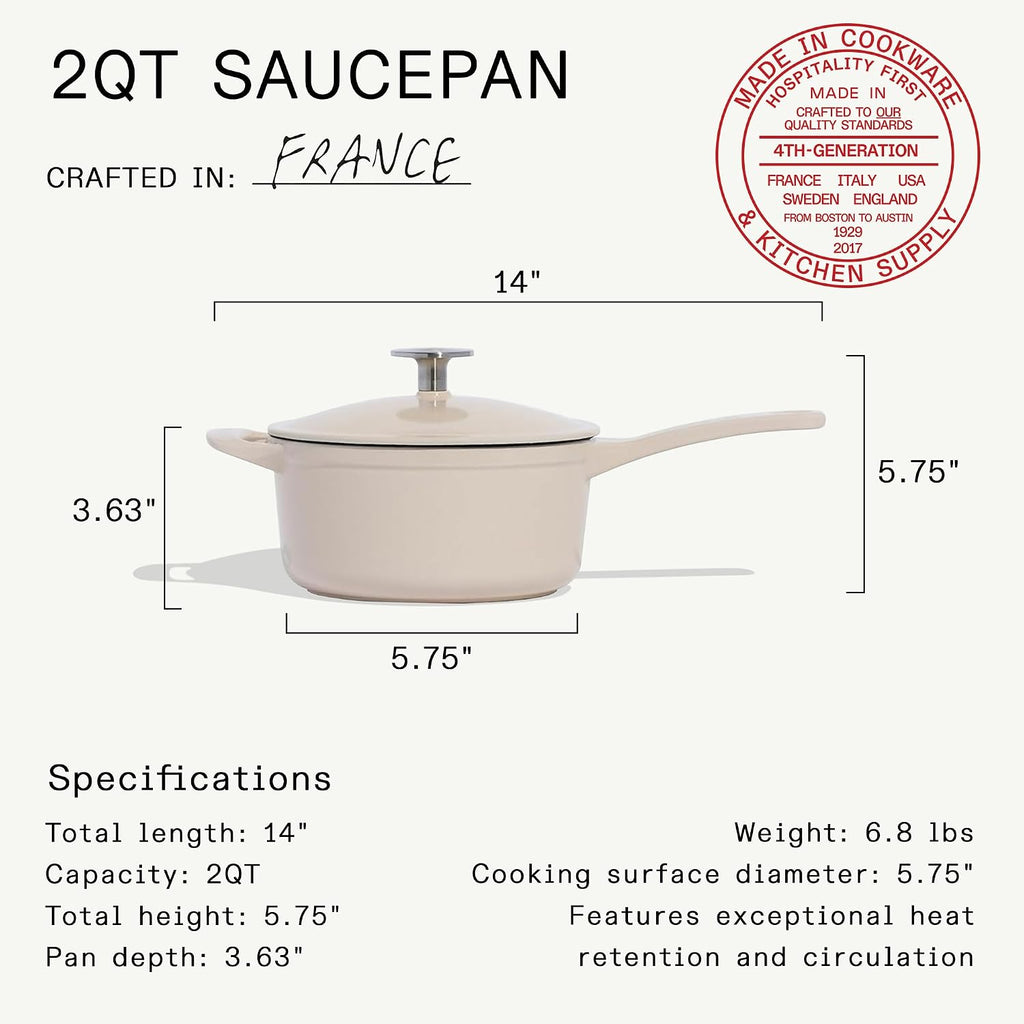 Made In Cookware | 2 Quart Enameled Cast Iron Saucepan with Lid (Antique White) | Hand-Enameled Cast Iron | Professional Cookware | Crafted in France | Induction Compatible