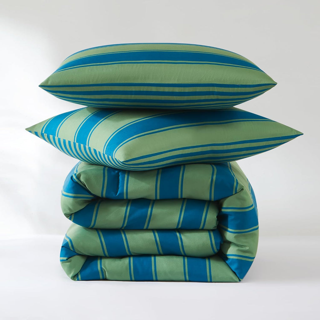 Lush Decor Gale Cabana Stripe? Reversible Comforter 3 Piece Set Full/Queen Blue & Sage - Striped Bedding Set - Green Comforter - Modern Coastal Decor