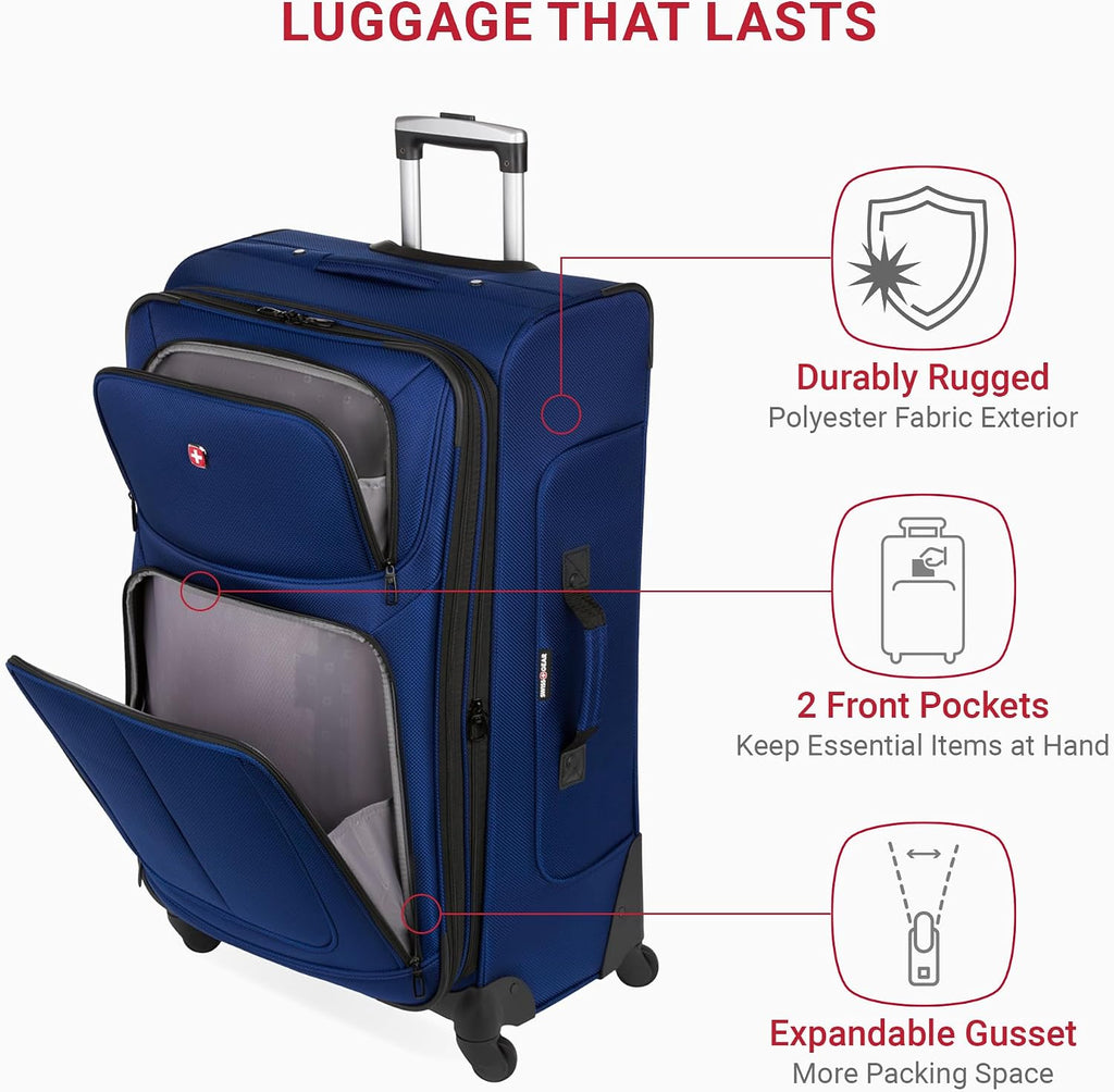 SWISSGEAR Sion Softside Expandable Spinner Luggage Durable Lightweight Travel Suitcase, Blue, Checked-Large