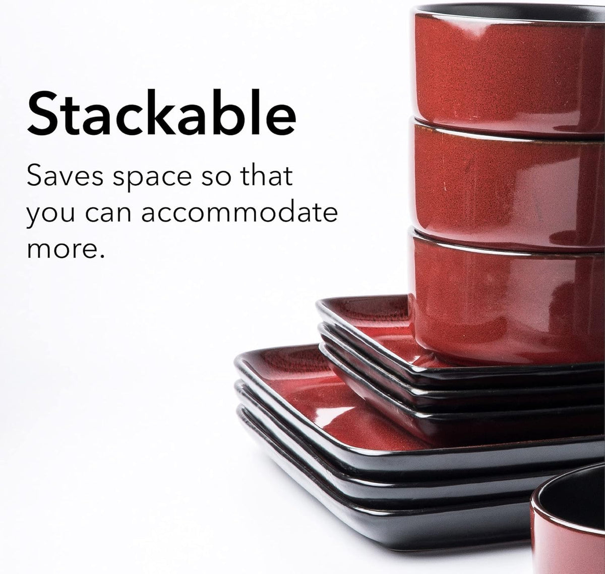 FLACKAR Square Stoneware 16pc Double Bowl Dinnerware Set for 4, Dinner Plates, Side Plates, Cereal Bowls, Pasta Bowls - Reactive Glaze Red (480349)