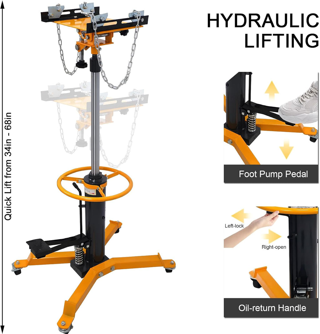 Transmission Jack 1660 lbs/ 0.75 Ton Capacity Hydraulic Telescopic Transmission Jack 34' - 68' Adjustable Height Telescoping Transmission Hydraulic with 360° Swivel Wheels Lift Hoist