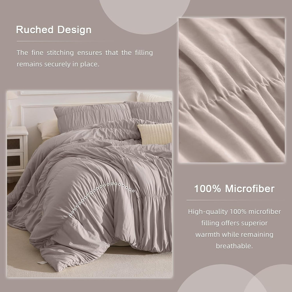 Masaca Oversized King Comforter(120'x98'),Taupe Ruched Ruffle California King Comforter Set,3 Pieces Lightweight Extra Large Farmhouse Shabby Boho Chic French Country Bedding Set