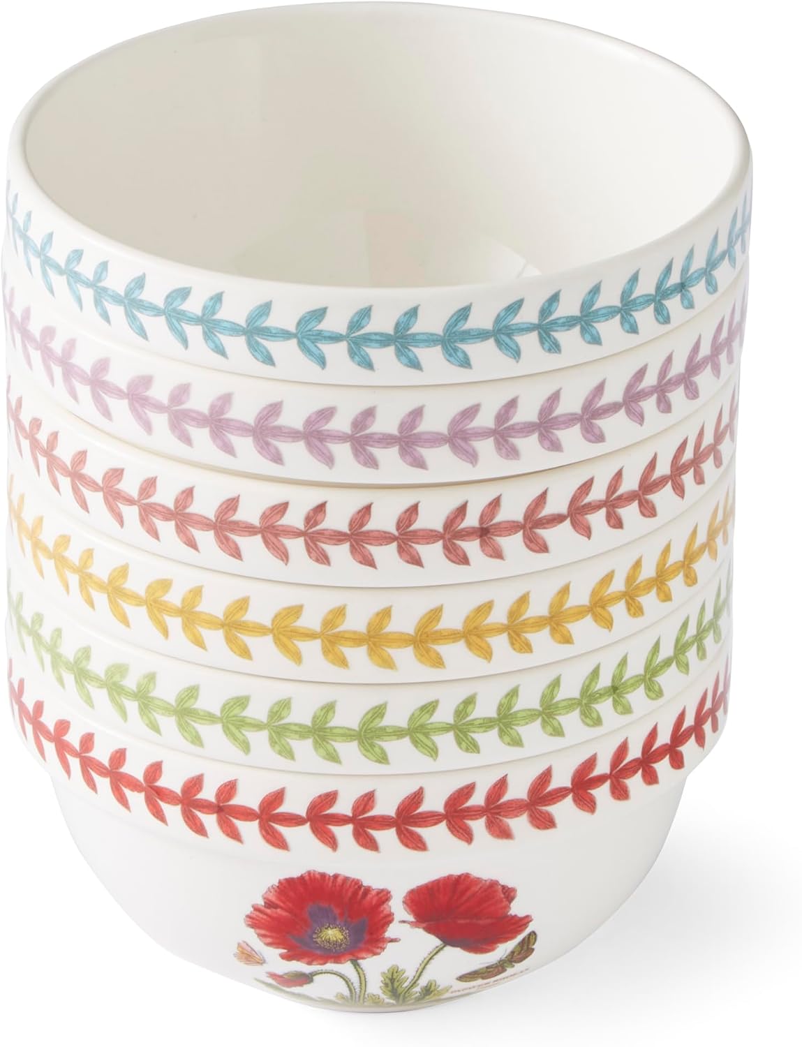 Portmerion Botanic Garden Meadow - 5' Round Stacking Bowl (Set of 6) | Assorted Florals with Colorful Laurel Leaf Border| Earthenware | Microwave & Dishwasher Safe | Home & Restaurant for Daily Use