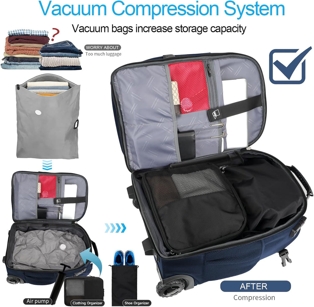 Backpack with wheels,rolling backpack with 2 Packing Cubes and compression bags,Laptop Compartment,Water Resistant Luggage suitcase,Air Travel,Weekend Trips (Blue)