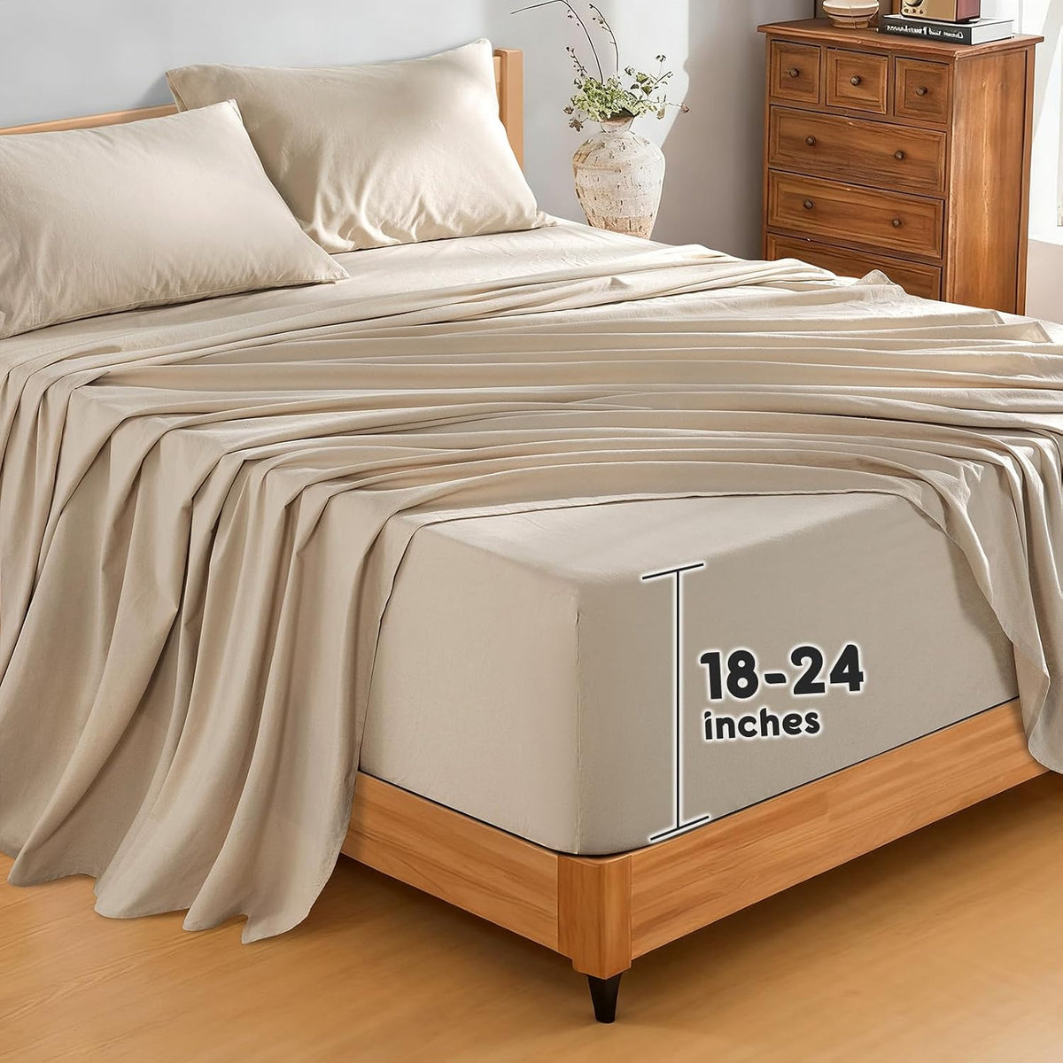 SONORO KATE 100% French Pure Linen Sheets, Extra Deep Pocket up to 18'-24', Breathable and Durable Linen Sheets, Anti-Tear Linen Bed Sheets, Machine Washable - 4 Piece (Natural Linen, Queen(24'deep))