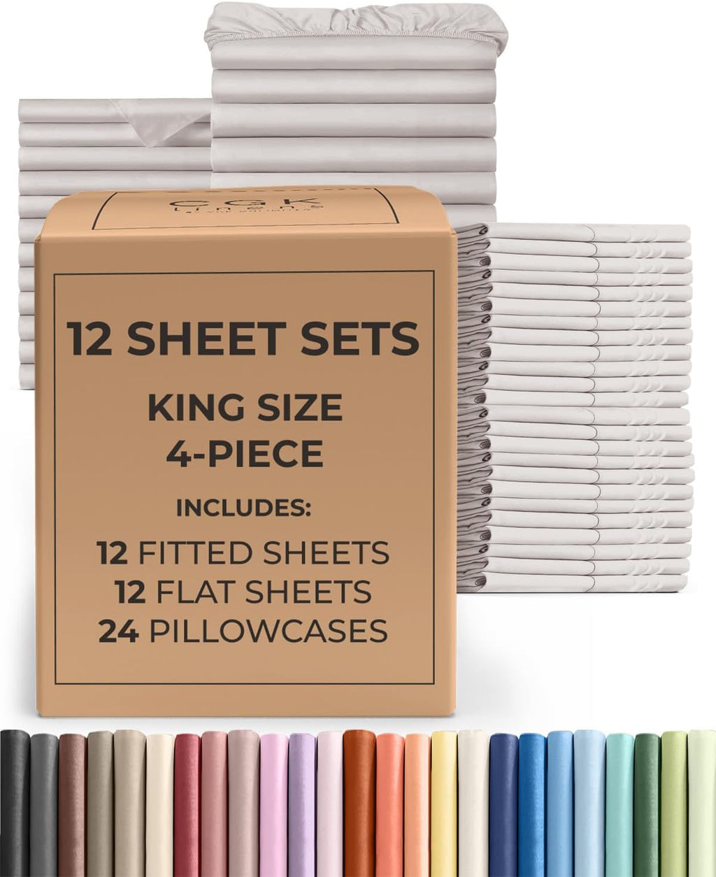 Bulk Case Pack of 12 Sheet Sets - (12) Complete Sheet Sets - Bulk King Bedding - Wholesale Case Pack for Hotels, Spa & Airbnbs - Deep Pocket & Wrinkle Free - Cooling & Breathable - King, Light Grey