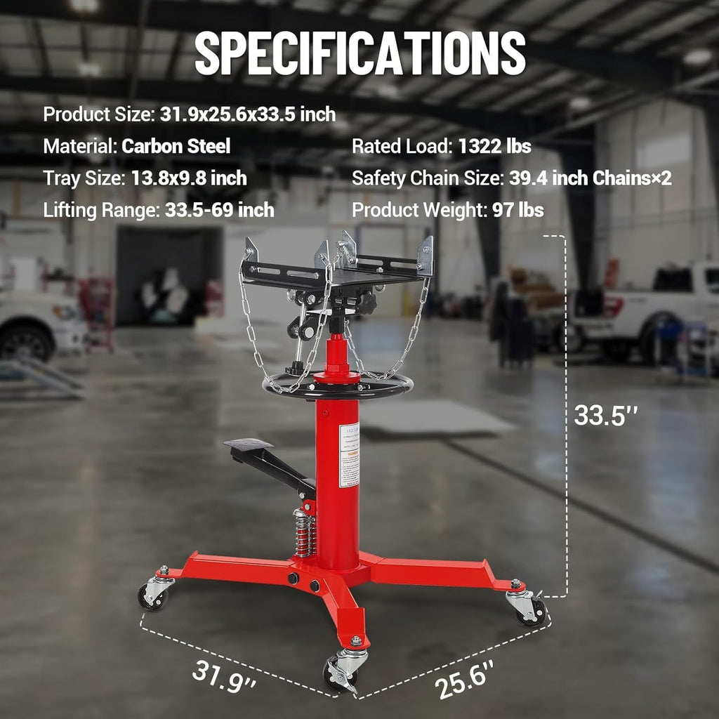 1322Lb Heavy Duty Transmission Jack, 33.5'-69' High Lift Hydraulic Telescoping Transmission Jack, 2-Stage Telescopic Transmission Stand with Foot Pedal & 360° Swivel Wheel, Red