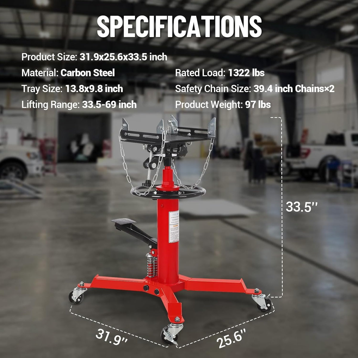 1322Lb Heavy Duty Transmission Jack, 33.5'-69' High Lift Hydraulic Telescoping Transmission Jack, 2-Stage Telescopic Transmission Stand with Foot Pedal & 360° Swivel Wheel, Red