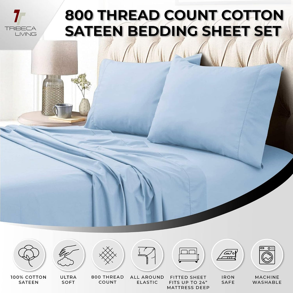 Tribeca Living 100% Egyptian Cotton Sheets 800 Thread Count - Extra Deep Pocket Fitted Sheet Fits Mattresses up to 24 Inches - Silky Sateen 4-Piece Set - Queen, Blue