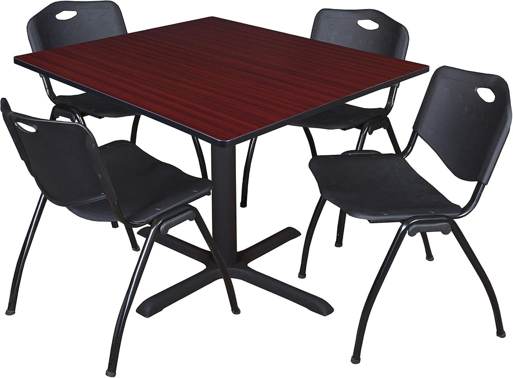 Regency Cain 48 in. Square X-Base Breakroom Table- Mahogany & 4 M Stack Chairs- Black