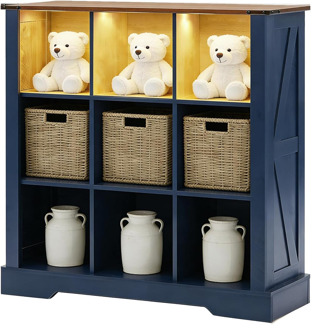 9 Cube Storage Organizer, Wood Cube Bookshelf with LED Lights, Horizontal Storage Cubes, Kids Bookshelf, Display Cabinet Cubby Shelf for Living Room Home Office Bedroom，Navy Blue