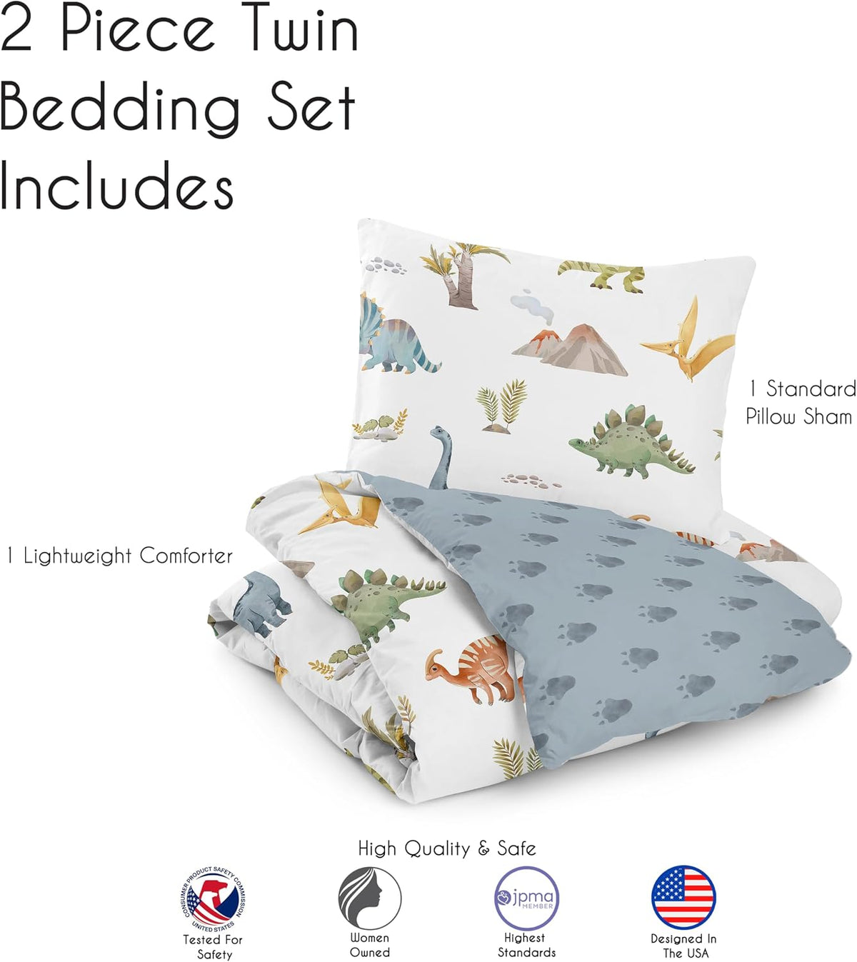 Sweet Jojo Designs 2-Piece Twin Comforter Set (Blue Dinosaur Dino) for Boys, Children, Kids Bedding, Bed in a Bag incl. Blanket & Pillow Sham (Modern, Jurassic, Watercolor, Animal Tracks, Footprint)