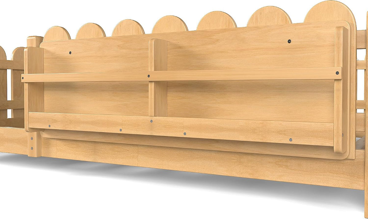Bellemave Full Size Floor Bed with Rails and Slats, Full Size Montessori Floor Bed with Bookshelf, Fence and Lights, Low Profile Montessori Beds Frame for Girls, Boys, Light Natural