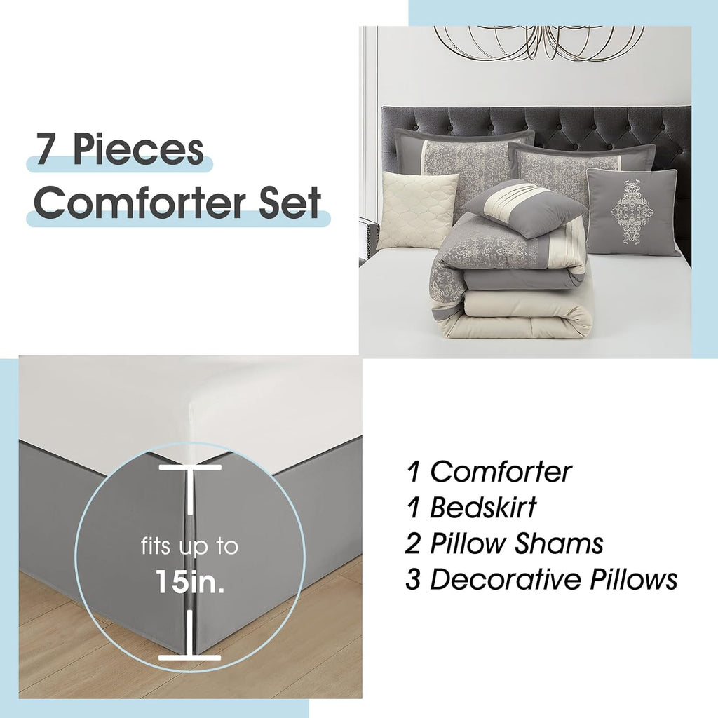 LANCO MODERN LIFESTYLE Grey Queen Comforter Set, Damask Jacquard with Matching Solid Piece Work, 7 Piece Soft Bedding Set for All Season, Bed Skirt, Pillow Shams and Decorative Pillows