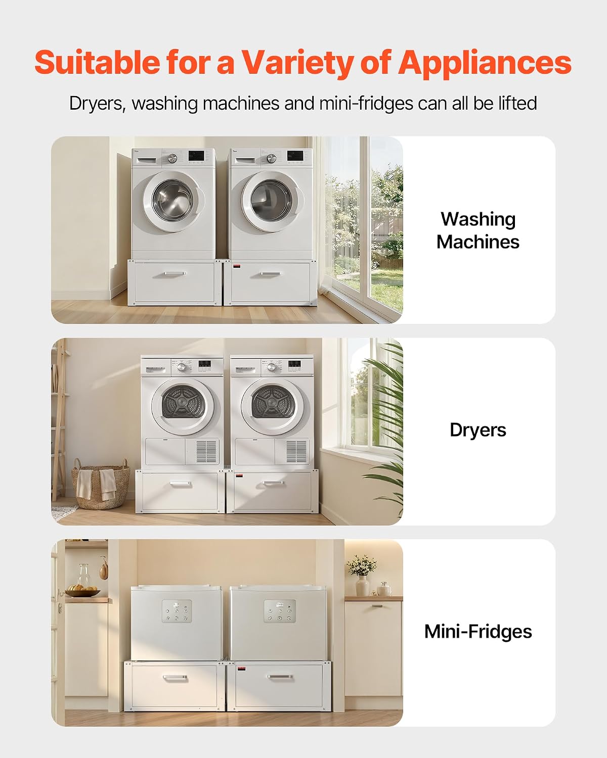 VEVOR Laundry Pedestal, 14 in Height, Washer and Dryer Pedestals with Drawer, 700 lbs Weight Load Capacity, Non-Slip Feet, Heavy-duty Steel Washing Machine Stand Universal Fit, White, 2 Pack