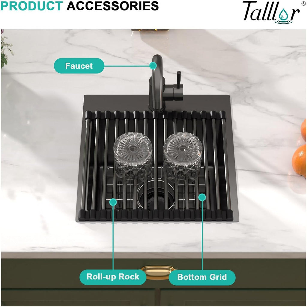 15x15 Inch Black Drop In Bar Sink with Faucet, 16 Gauge T-304 Stainless Steel Single Bowl Wet Prep Sink for Kitchen Bar, RV, Outdoor, and Boat, Gunmetal Black #TLT-0017
