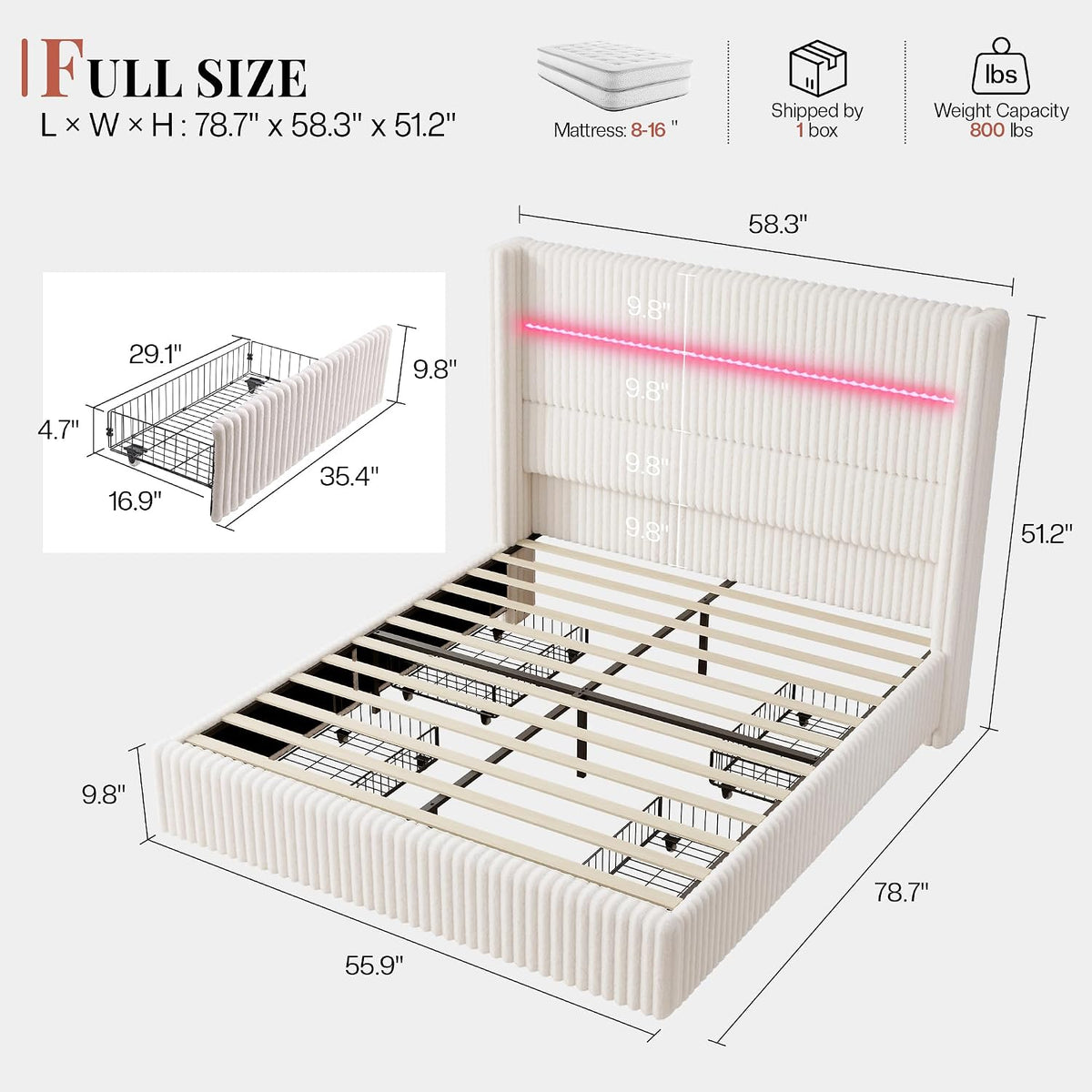 Jocisland Full Size Corduroy Upholstered Bed Frame with 4 Storage Drawers & 51.2' Tall Wingback Headboard, LED Platform Bed with Charging Station, Easy Assembly, No Box Spring Needed, White