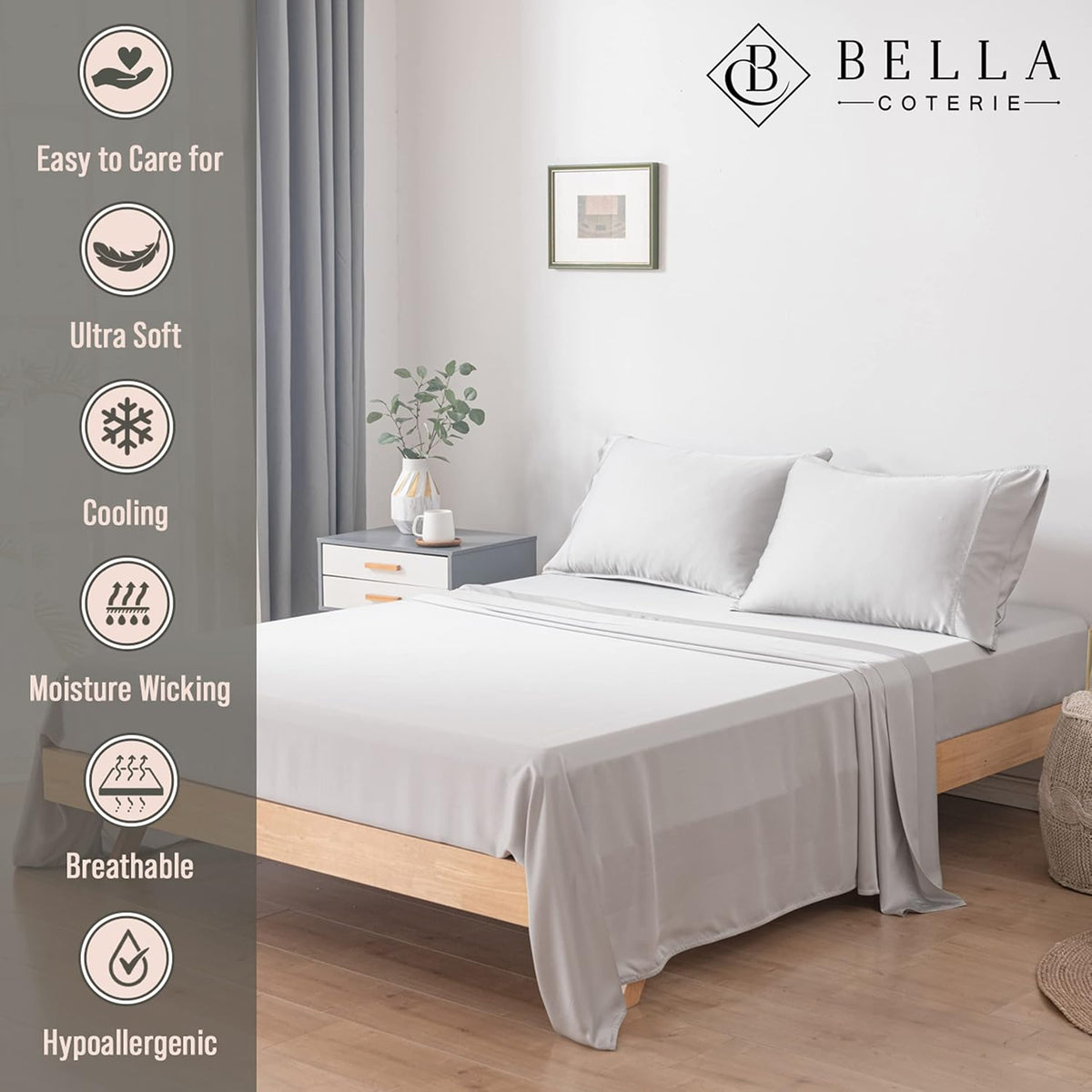 Bella Coterie Luxury Bamboo Viscose King Size Sheet Set | 100% Organically Grown | Ultra Soft | Cooling for Hot Sleepers | 18' Deep Pocket [Grey Mist]