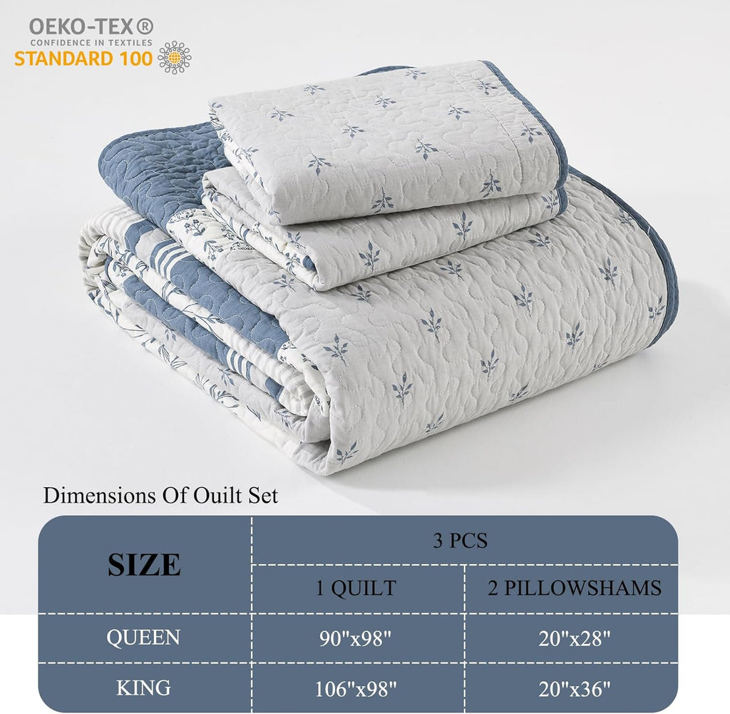 DDUOXIN 100% Cotton King Quilt - Modern Stripe Botanical Quilts with 2 Pillow Shams, Bedspread Reversible Lightweight Thin Comforter Bedding Set for All Seasons, Moonlight Blue/Gray/Off White