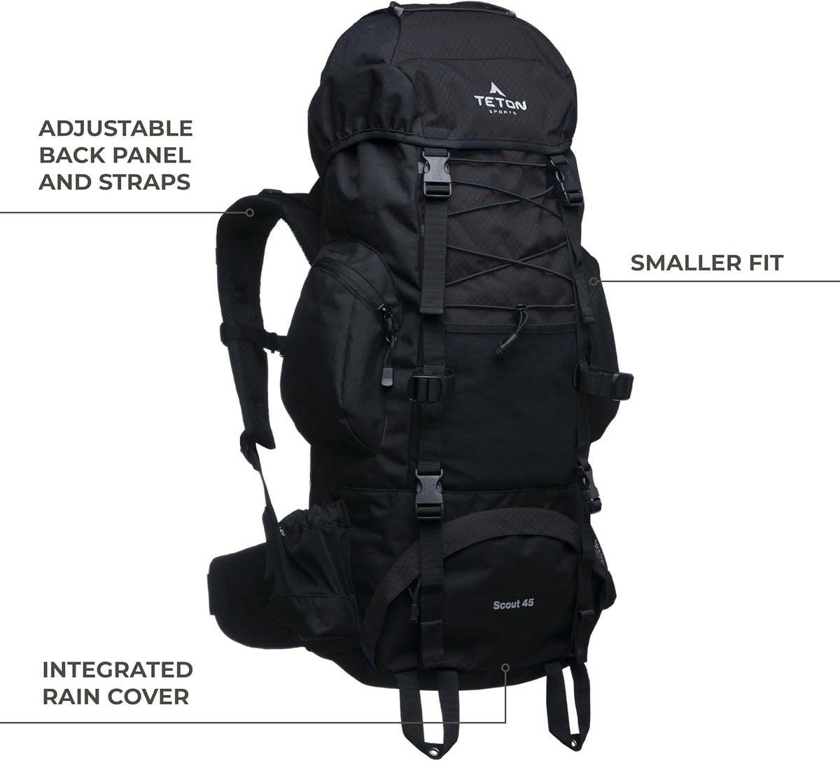 Teton 65L Scout Internal Frame Backpack for Hiking, Camping, Backpacking, Travel, Rain Cover Included, Black