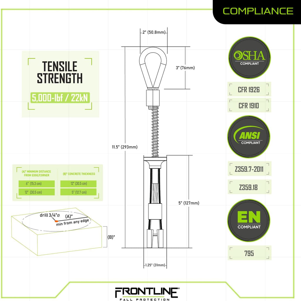 Frontline COB345K Reusable 5K Concrete and Steel Anchor Bolt | Removable Trigger Anchor | ANSI, OSHA & EN Compliant | Built Tough, Rugged and Corrosion Resistant