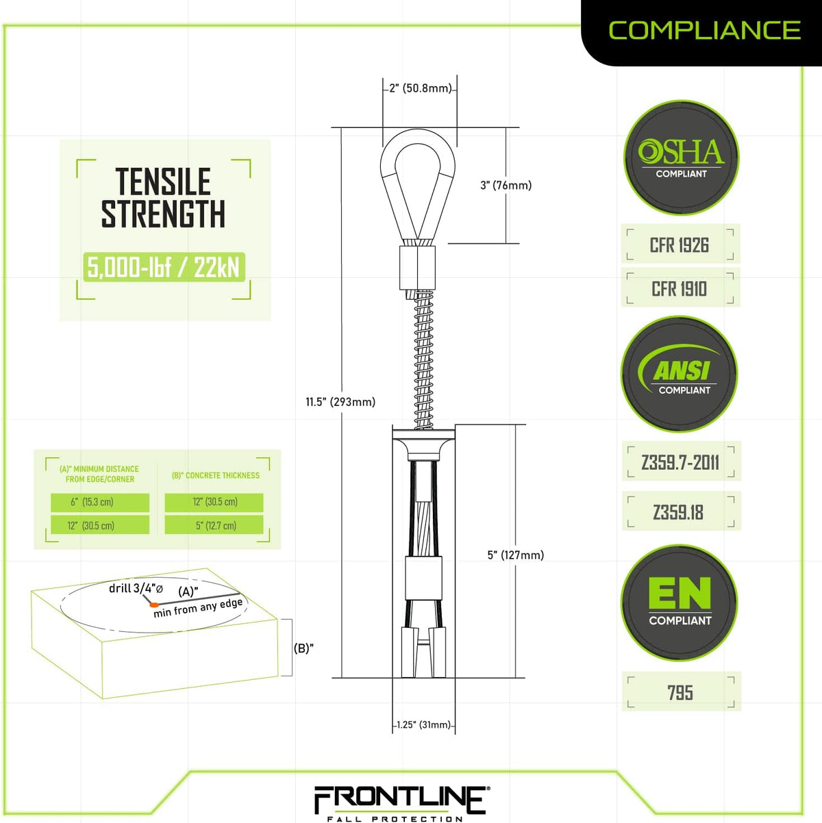 Frontline COB345K Reusable 5K Concrete and Steel Anchor Bolt | Removable Trigger Anchor | ANSI, OSHA & EN Compliant | Built Tough, Rugged and Corrosion Resistant