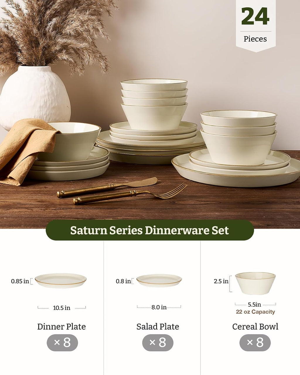 Famiware Saturn Plates and Bowls Dish Sets for 6 (18 Pieces), Stoneware Dinnerware Set with Hand-Painted Trim - Chip & Scratch Resistant, Microwave & Dishwasher Safe Ceramic Dishes, Vanilla White