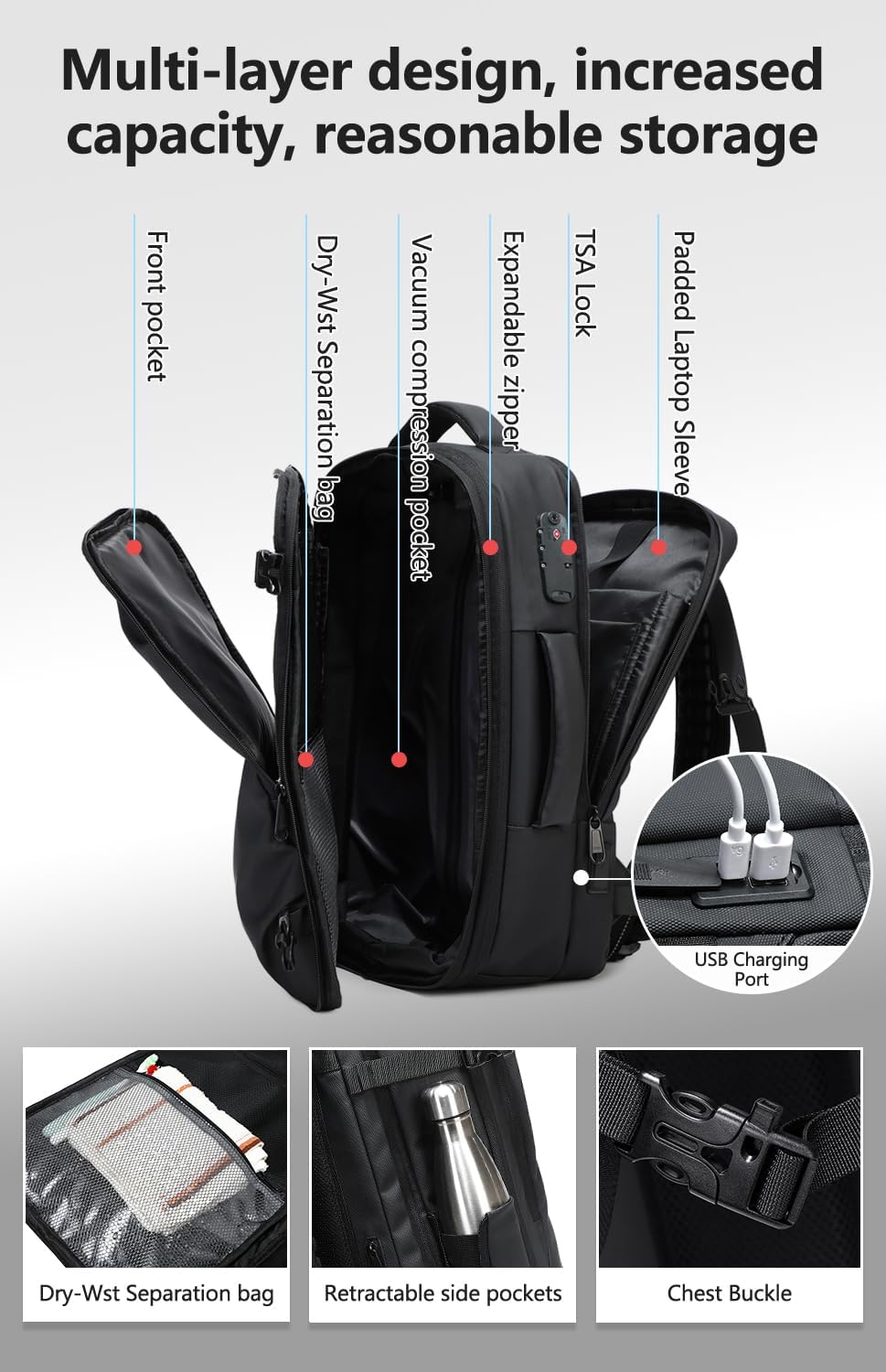 Cusangel vacuum backpack travel with pump compression,18in vac travel 45L expandable 60L capacity laptop,multiple pockets Flight Carry-On XL (Casual Vac-backpack)