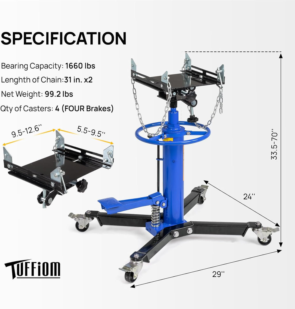 TUFFIOM Transmission Jack, 1660 lbs 3/4-Ton Hydraulic 2-Stage High Lift Vertical Telescoping Floor Jack Stand, 34' to 68' Lifting Range, w/Pedal, 360° Swivel Wheels, Garage/Shop Lift Hoist, Blue