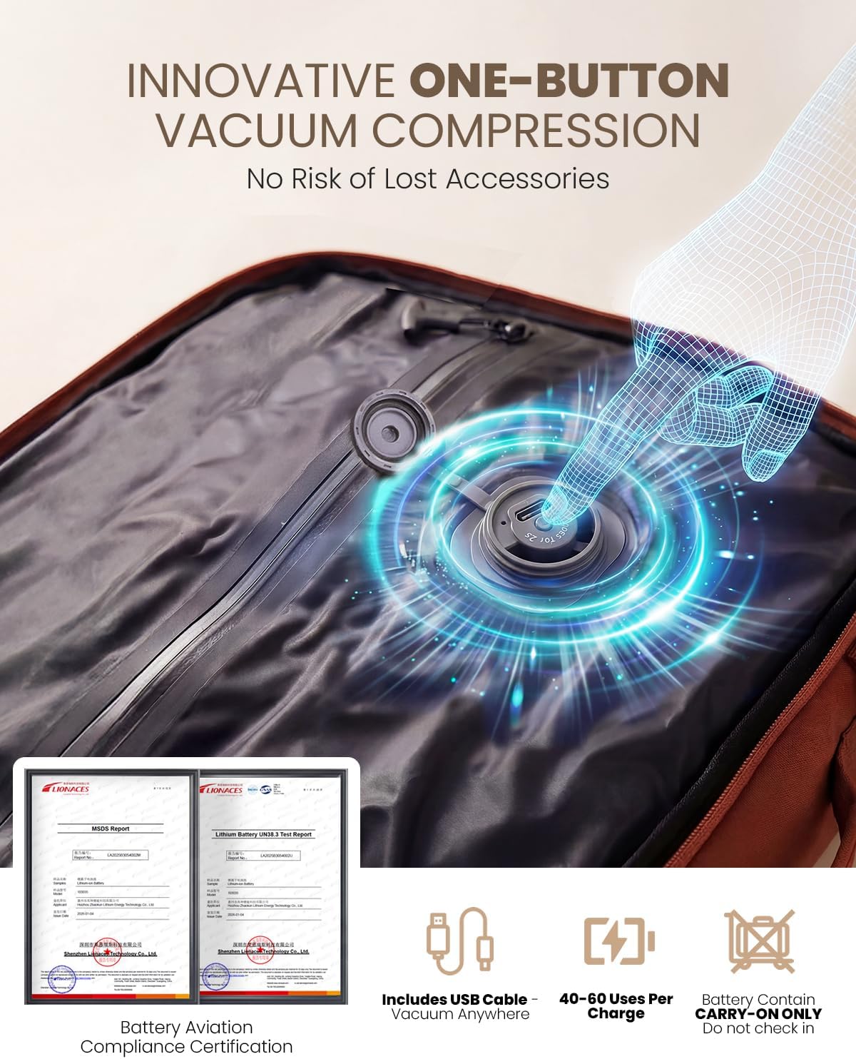 Fanwoli Rolling Vacuum Backpack Travel with Wheels, One-Button Compression, 60L Expandable Carry-On Suitcase Luggage, 18'' Laptop Compartment for Outdoor/Family/Business Trips