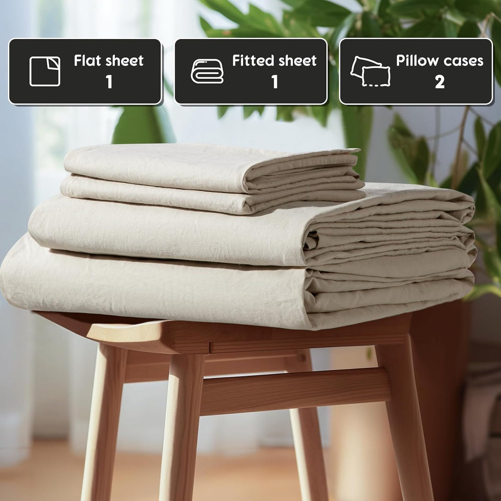 SONORO KATE 100% French Pure Linen Sheets, Extra Deep Pocket up to 18'-24', Breathable and Durable Linen Sheets, Anti-Tear Linen Bed Sheets, Machine Washable - 4 Piece (Natural Linen, Queen(24'deep))