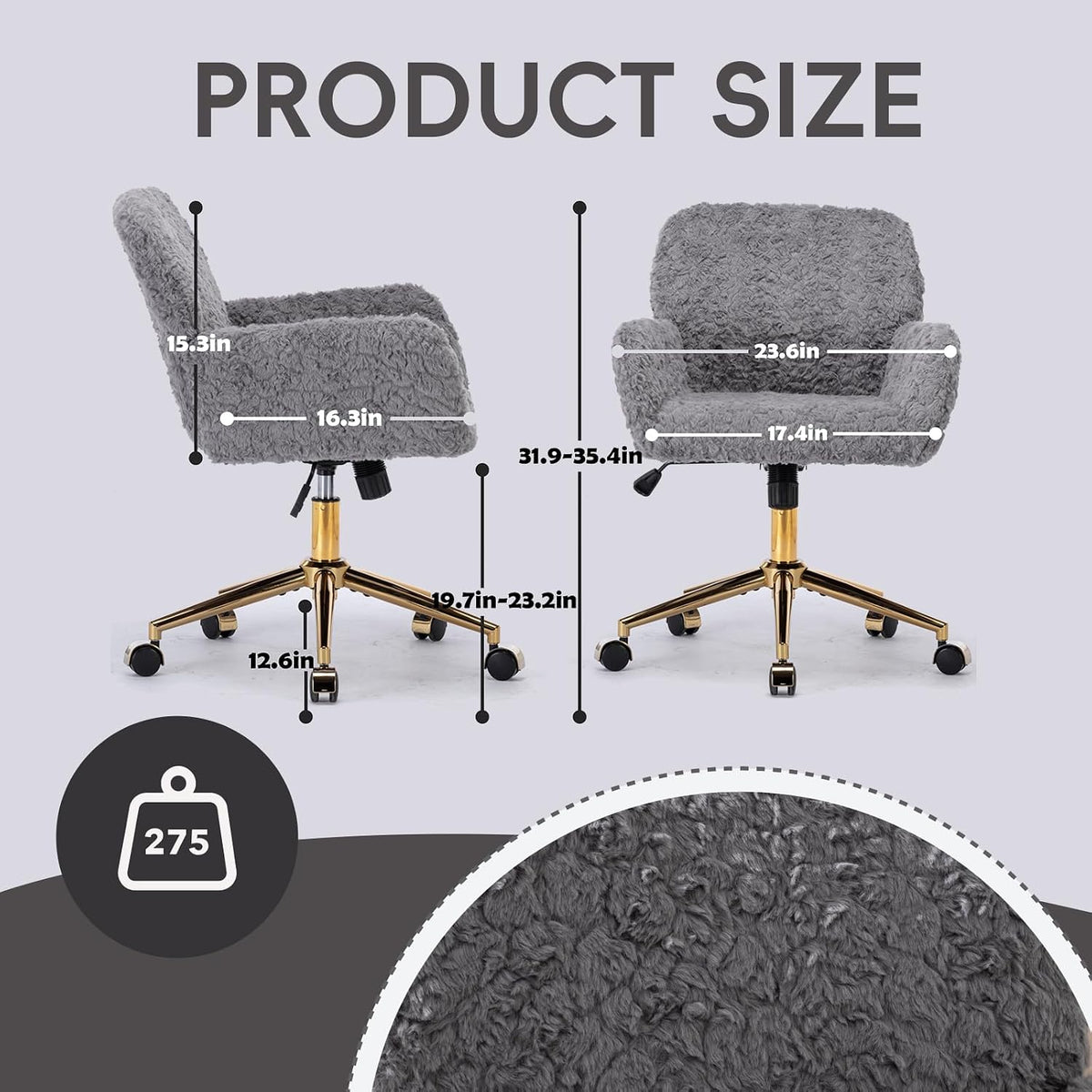 Plush Faux Fur Desk & Vanity Chair with Gold Base – Comfy Adjustable Girls Desk Chair, Makeup Chair, 360° Swivel, Tilt Backrest, Rolling Wheels – Modern Chic Home Office Seating,Grey