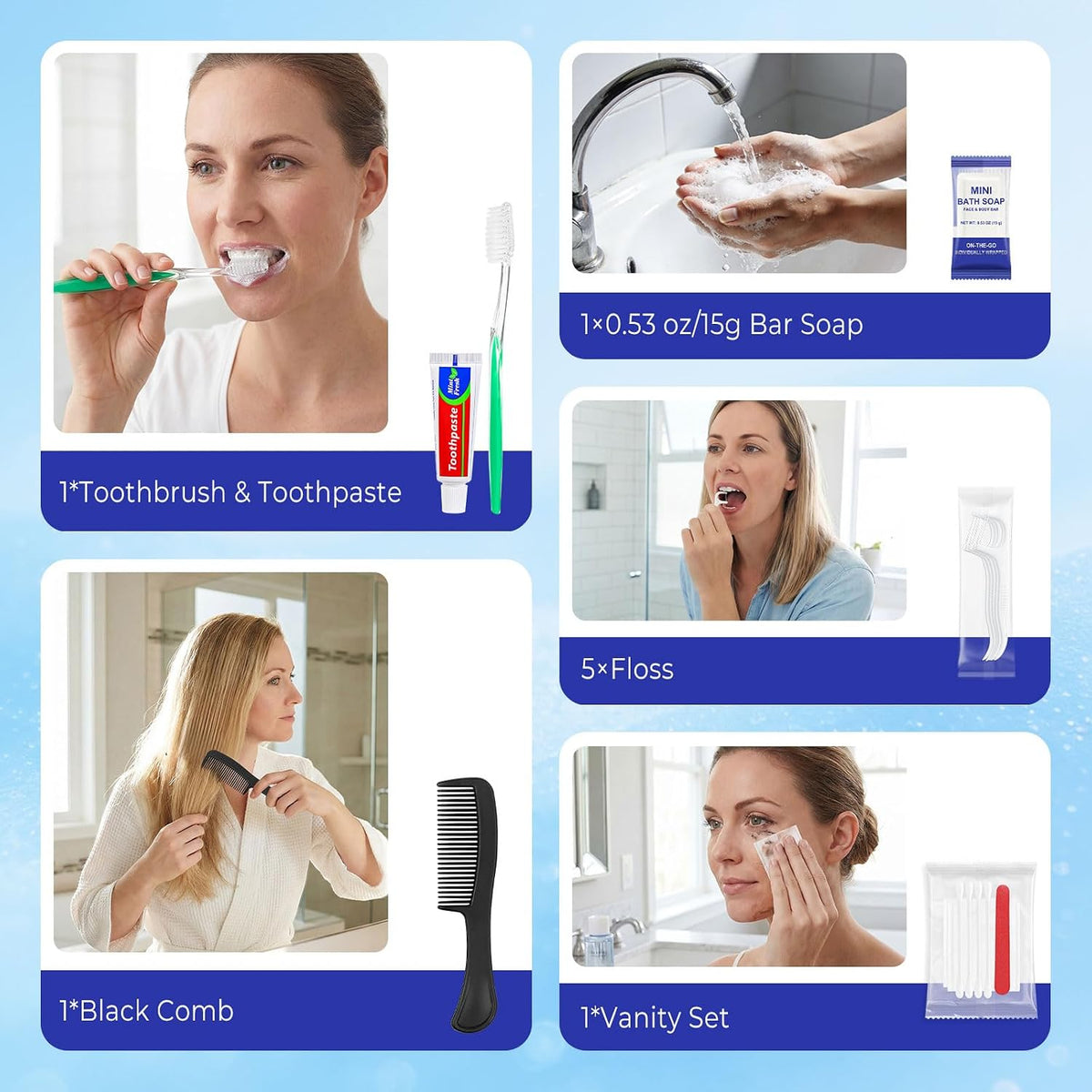 100 Sets Personal Hygiene Kit Bulk,9-in-1 Green Disposable Toothbrushes with Toothpaste Floss Comb Soap Cover and Hotel Vanity Set Basic Travel Toiletry Supplies for Homeless,Travel,Guests