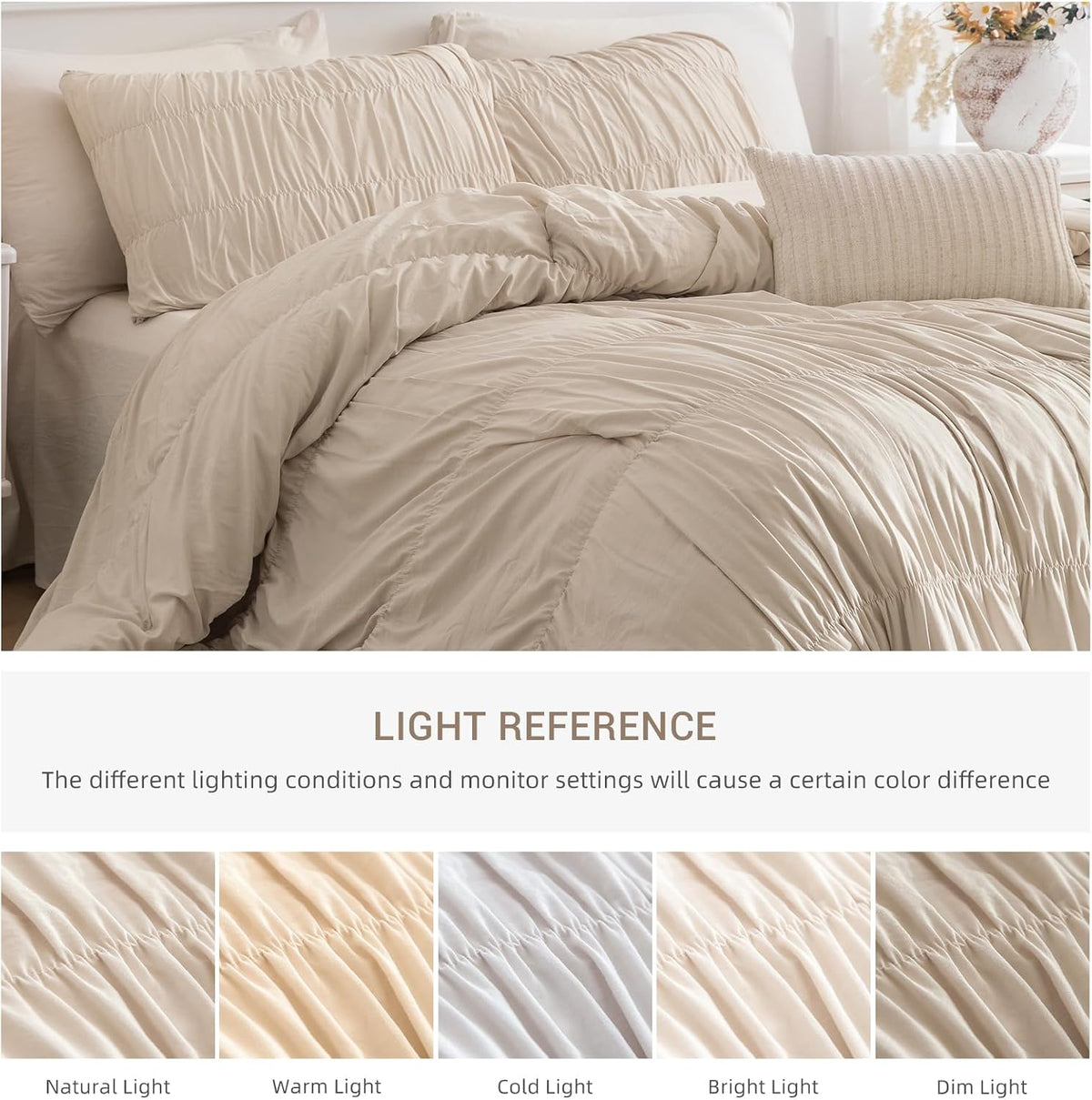 Lady Ann Oversized King Bed Comforter Set- Wheat Ruched Boho 128 x 120 Comforter Set for Bedroom, 3 Piece Fluffy Bedroom Set with Pillow Shams Soft All Season Bed Sets