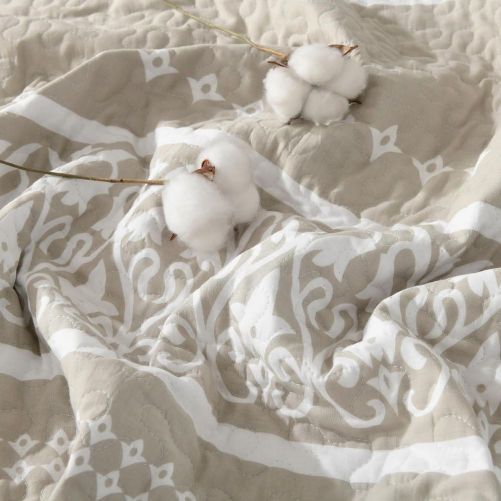 Boho Quilt Set - Boho Striped Quilt Set, 100% Cotton Bohemian Bedspread Set, Lightweight Quilt Bedding Set All Season Coverlet Set, Oatmeal Gray/White,King (106''W × 98''L)