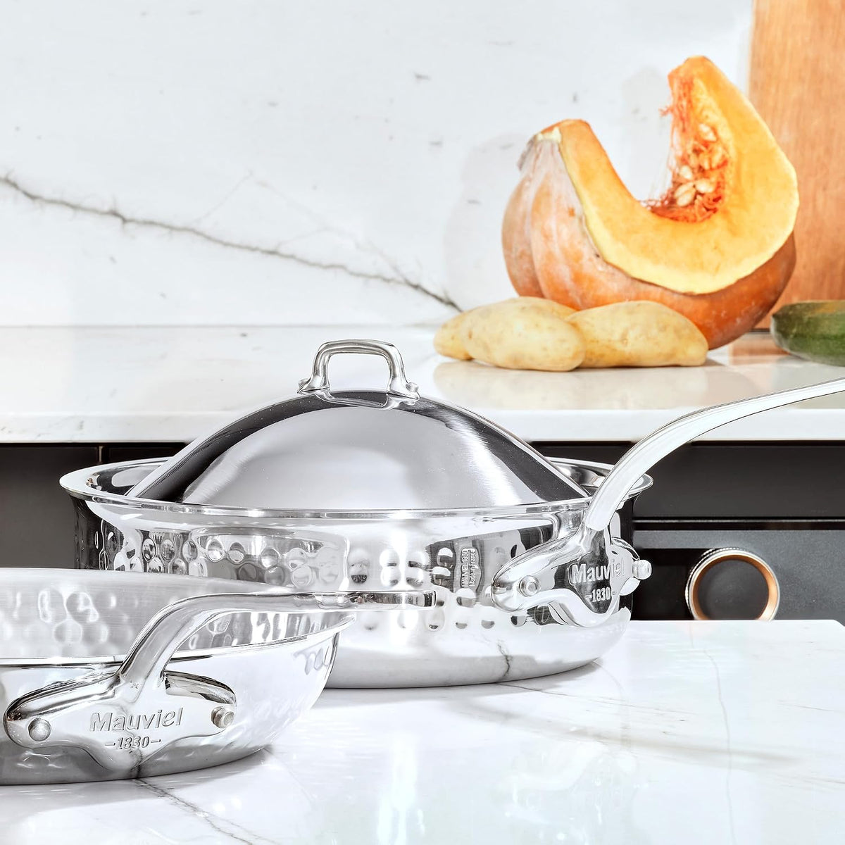Mauviel M'Elite 5-Ply Hammered Polished Stainless Steel Chef Pan, And Cast Stainless Steel Handles, 2.1-qt, Made in France