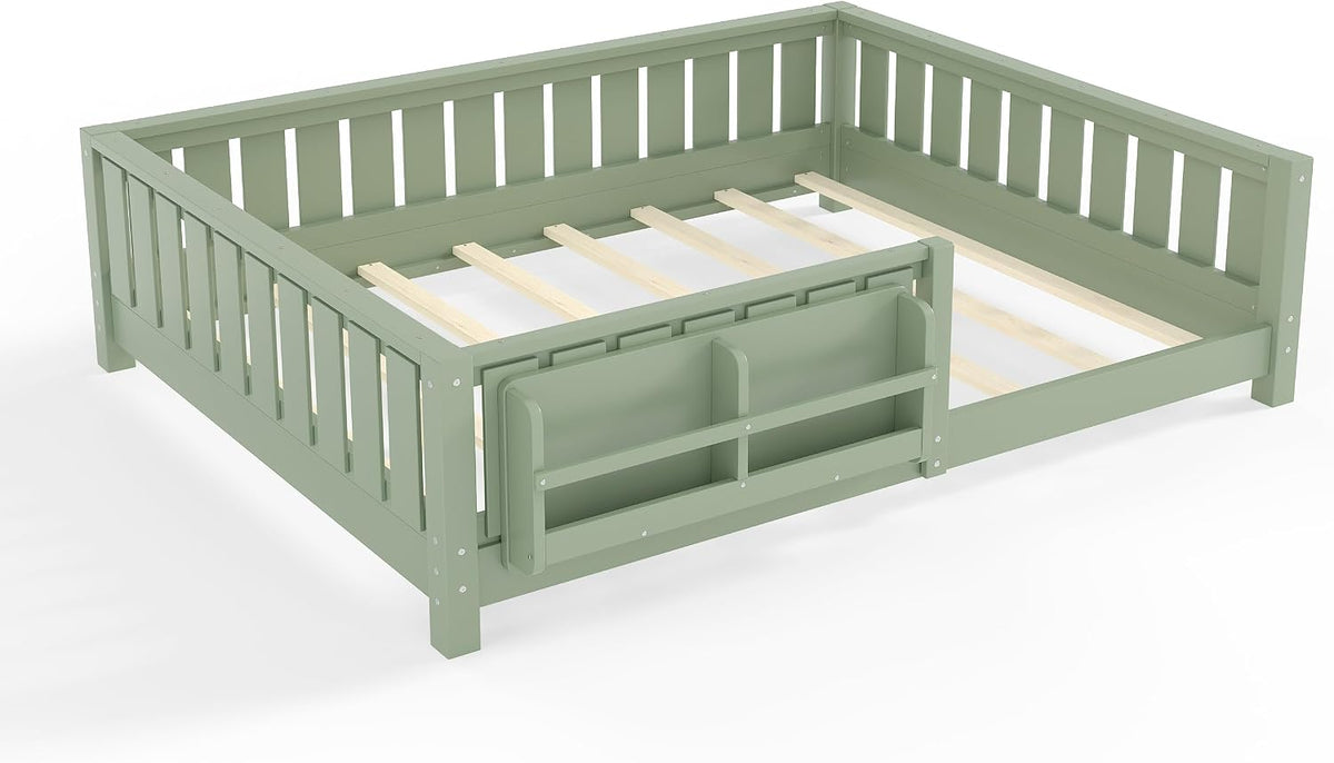 Bellemave Full Floor Bed with Slats and Rails, Full Size Montessori Floor Bed with Bookcase and Fence, Easy Assemble Montessori Beds for Girls, Boys, Avocado Green