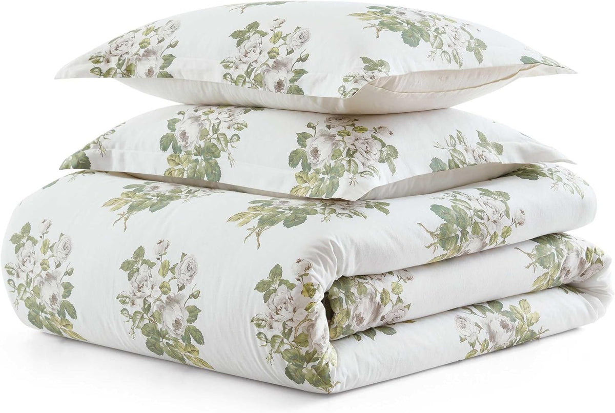 Martha Stewart - Queen Comforter Set, Smooth Sateen Front with Subtle Sheen & Lightweight Cotton Percale Reverse, 3 Piece Bed Set with Matching Pillowcases (Eloise Floral Grey)