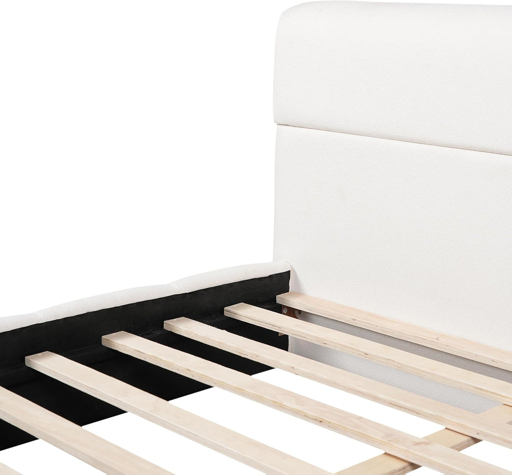 JIJIWANG Queen Size Upholstered Platform Bed Frame with Soft Boucle Fabric Headboard, Wooden Slats Support, No Box Spring Needed,Easy Assembly, White