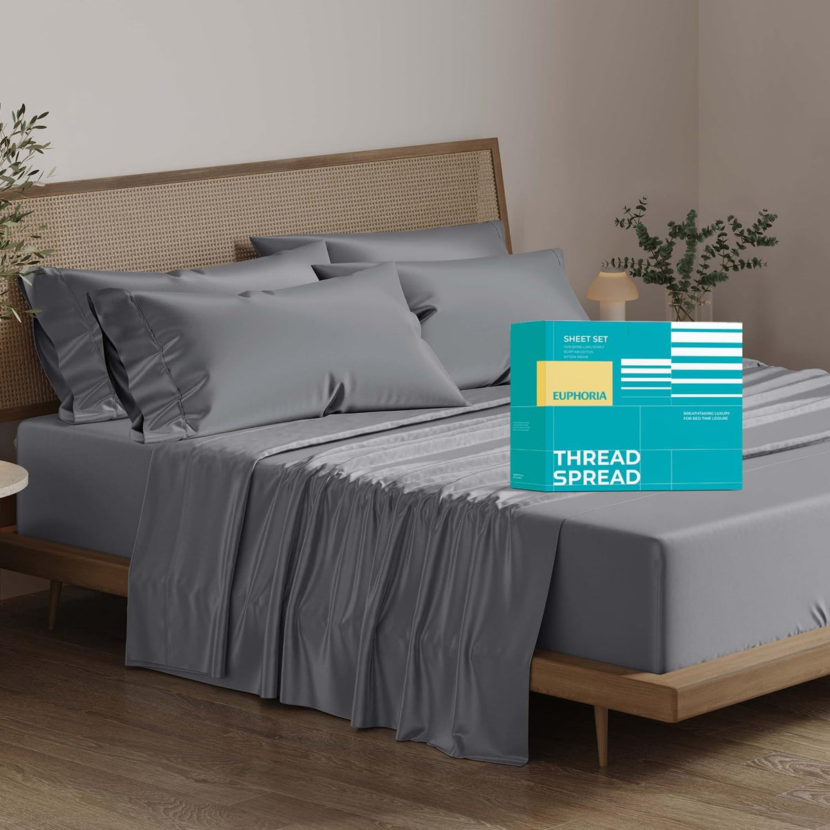 THREAD SPREAD 100% Egyptian Cotton California King Bed Sheets - 800 Series Euphoria Collection Cal King Sheets (6 PC, Dark Grey), Sateen Weave Deep Pocket Hotel Sheet, Soft Cooling Bedding Sheet