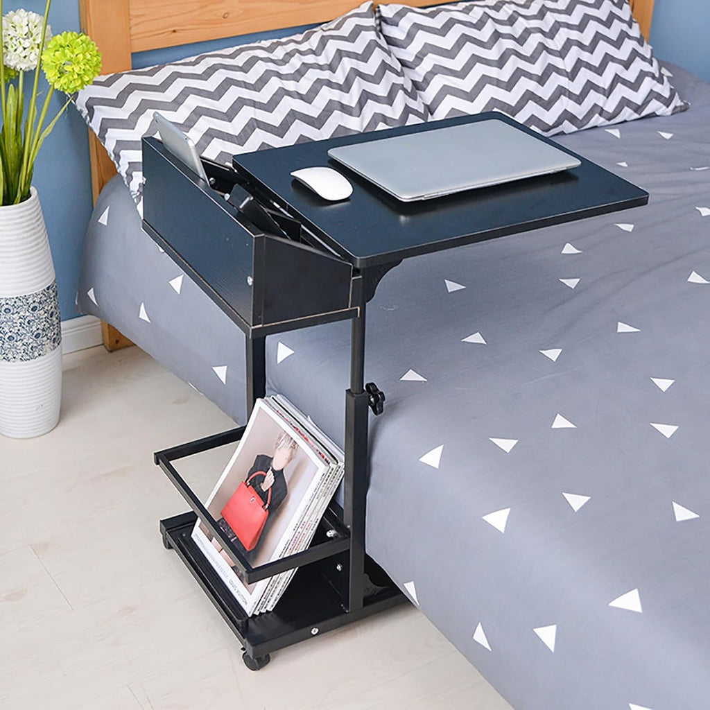 Height Adjustable Overbed Table with Wheels Mobile Computer Desk Makeup Vanity Desk with Storage, Mobile Laptop Standing Desk Cart(Black)