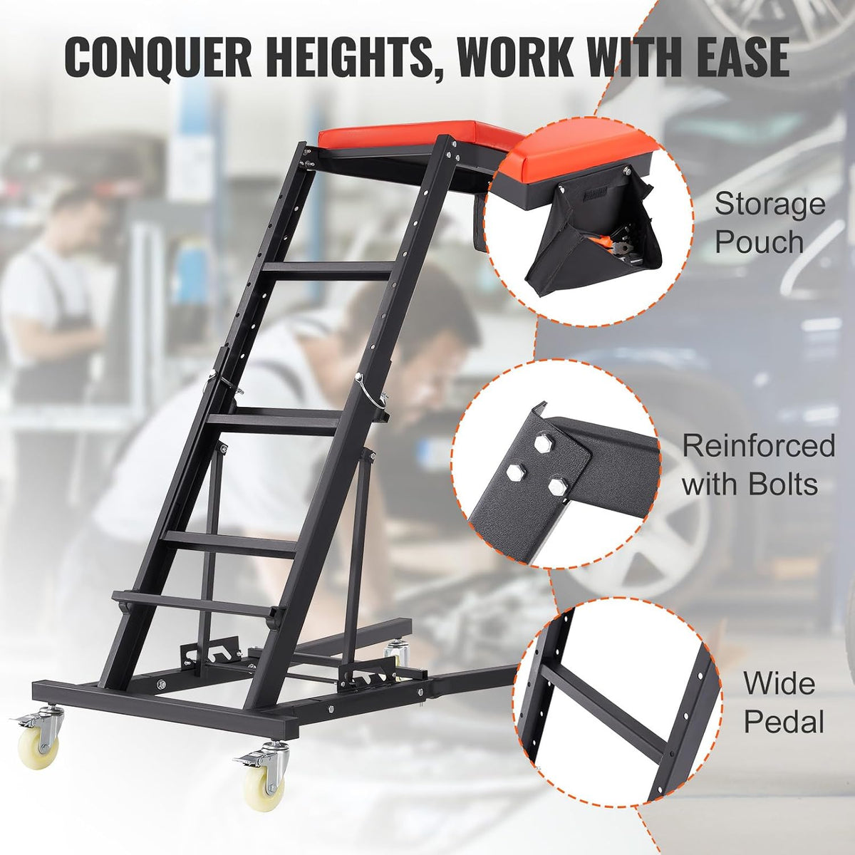VEVOR Top Automotive Creeper, Engine Creeper 42.5'-64.8', 400 LBS Capacity High Top Creeper, 4 Swivel Caster Wheels, Padded Deck, Creeper for Home Garage, Workshop Repair Maintenance