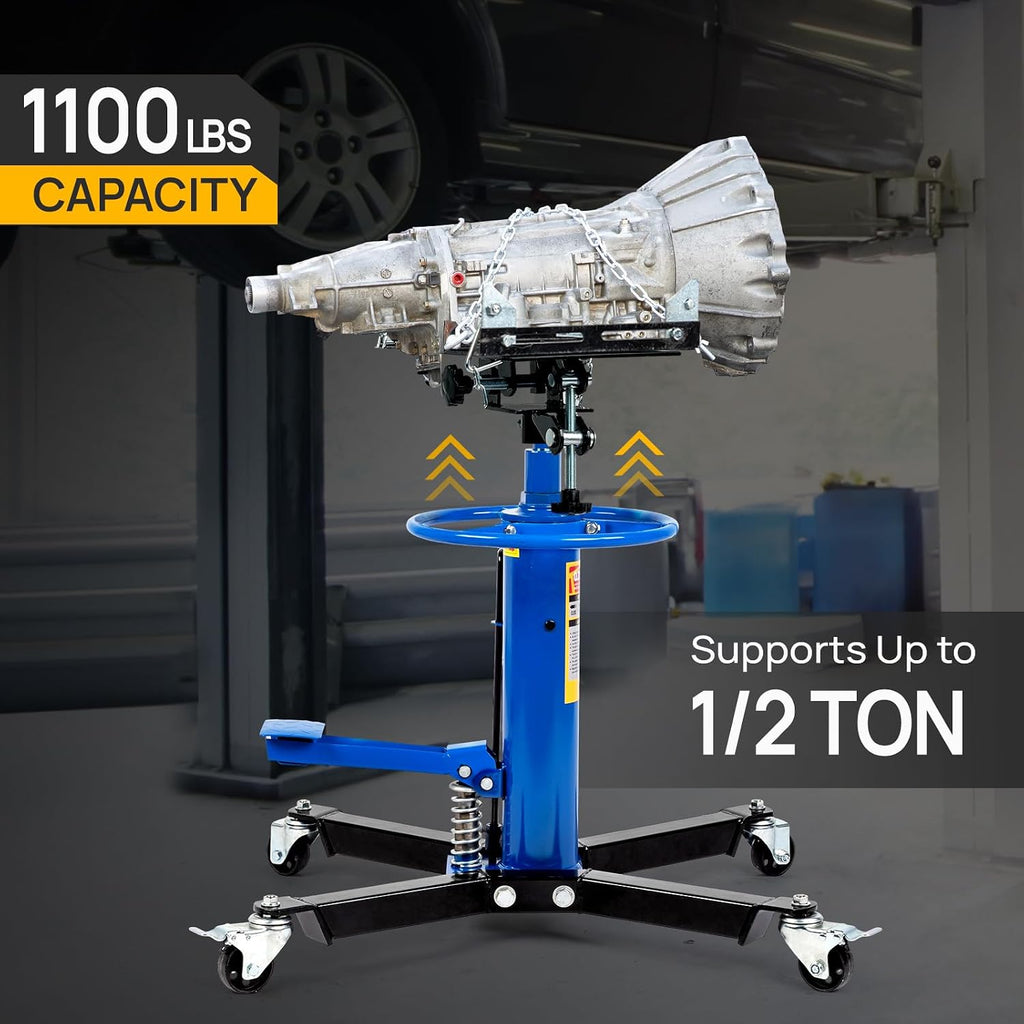 TUFFIOM Transmission Jack, 1100 lbs 1/2Ton Hydraulic 2-Stage High Lift Vertical Telescoping Floor Jack Stand, 34' to 68' Lifting Range, w/Pedal, 360° Swivel Wheels, Garage/Shop Lift Hoist, Blue