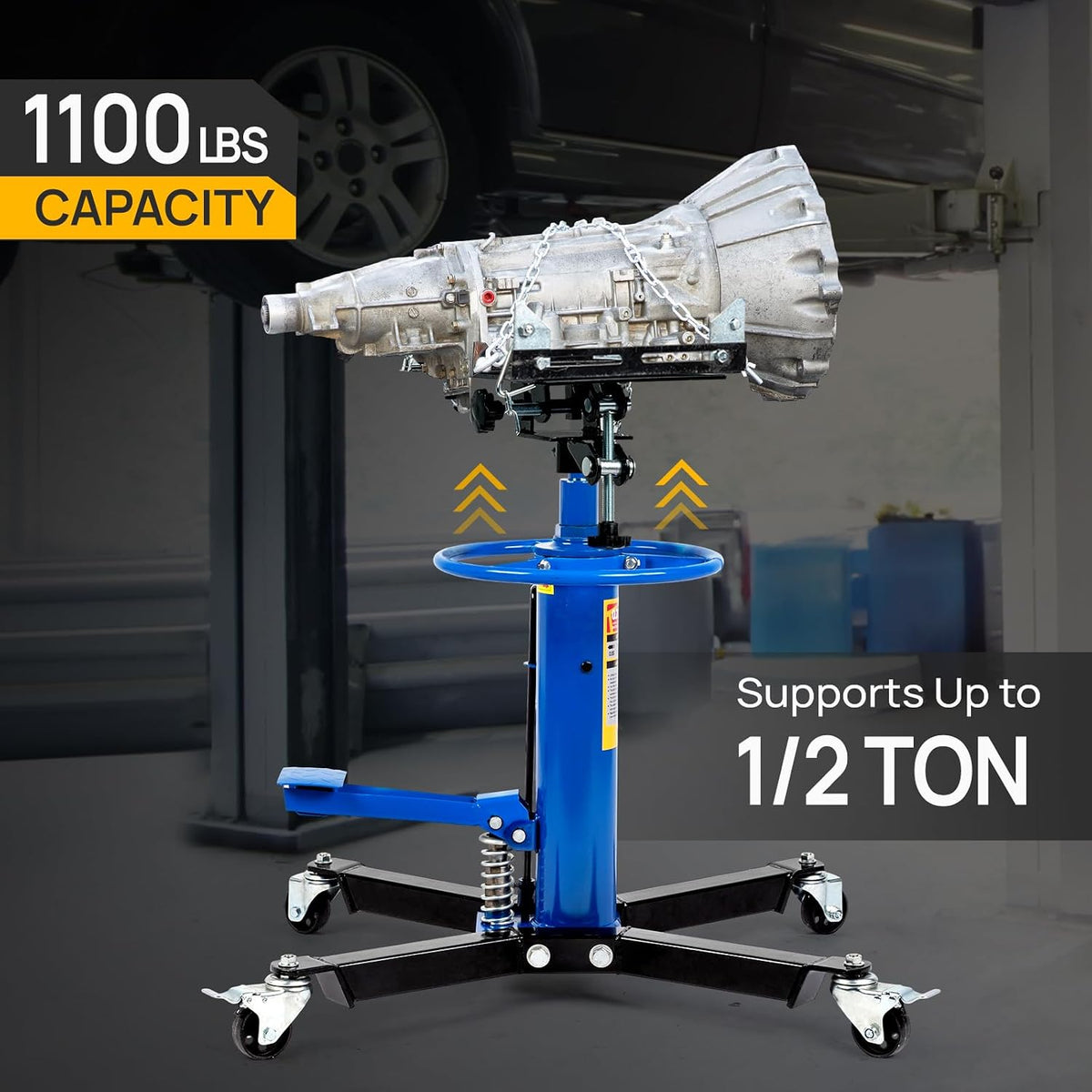 TUFFIOM Transmission Jack, 1100 lbs 1/2Ton Hydraulic 2-Stage High Lift Vertical Telescoping Floor Jack Stand, 34' to 68' Lifting Range, w/Pedal, 360° Swivel Wheels, Garage/Shop Lift Hoist, Blue