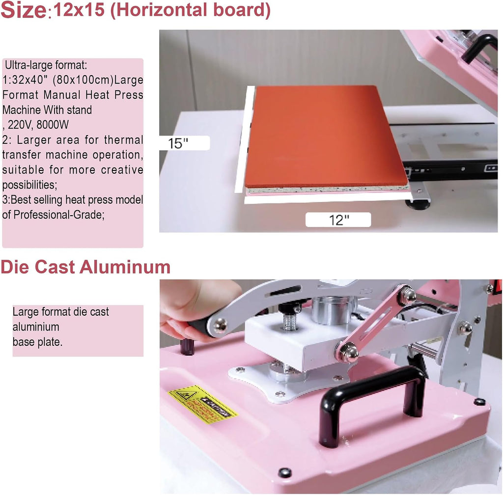 12' x 15' Semi-auto Heat Press Machine for T-Shirts, Auto Open & Slide-Out Base, Clamshell Style, Digital Sublimation Printer for Vinyl, DIY & Small Business (Pink, L12 * W15)