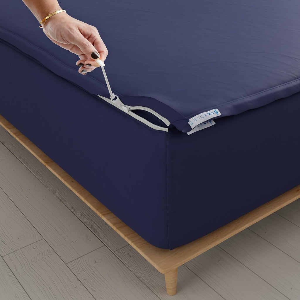 QuickZip Fitted Plus Spare Bundle: 1 Fitted Sheet (Base + Zip Sheet) & 1 Zip Sheet - Easy to Change, Won't Pop Off - Soft Percale 400 TC 100% Cotton - 13.5' Deep Pockets RV Queen Size – Deep Navy