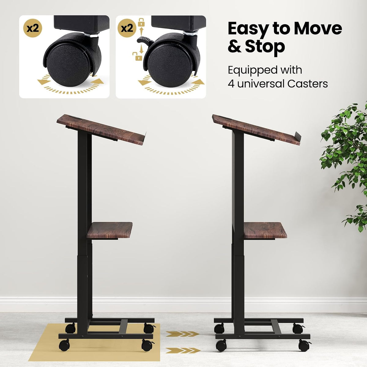 Tangkula Rolling Podium Stand, 3-Position Height Adjustable Lectern Table with Tilted Tabletop, Mobile Laptop Cart with Storage Shelf, Lockable Casters, Ideal for Classroom, Office (2, Walnut)